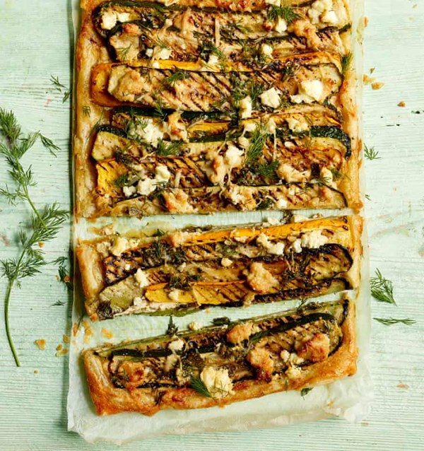 Grilled courgette and mint tart with tahini cream