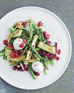 Grilled courgettes and broccolini, runner beans, cranberries and bocconcini