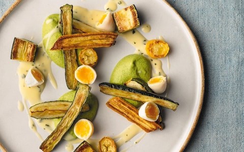 Grilled courgettes and quails' eggs with marjoram butter