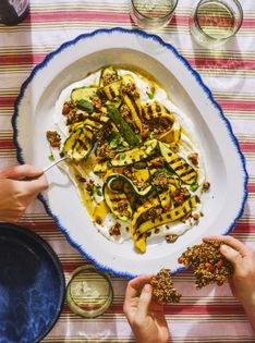 Grilled courgettes with garlicky tahini yoghurt & savoury seed brittle