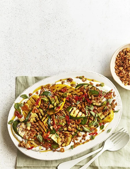 Grilled courgettes with labneh and savoury granola