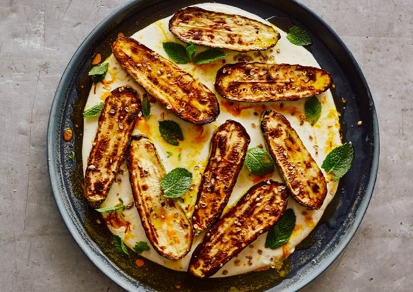 Grilled courgettes with warm yoghurt and saffron butter
