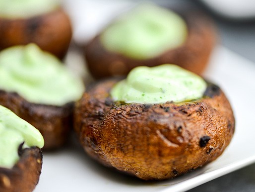 Grilled cremini mushrooms stuffed with basil- and Parmesan-mayo