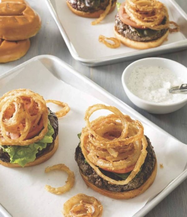 Grilled crispy onion-ranch burgers