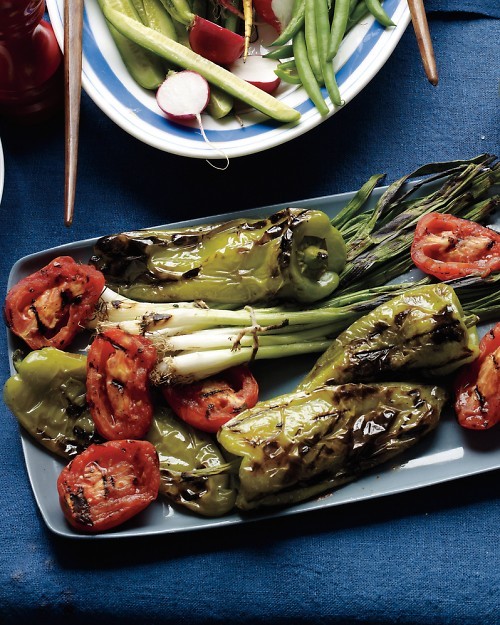 Grilled cubanelles, tomatoes and scallions