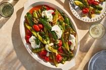 Grilled cucumbers with tomato-cardamom dressing and mozzarella