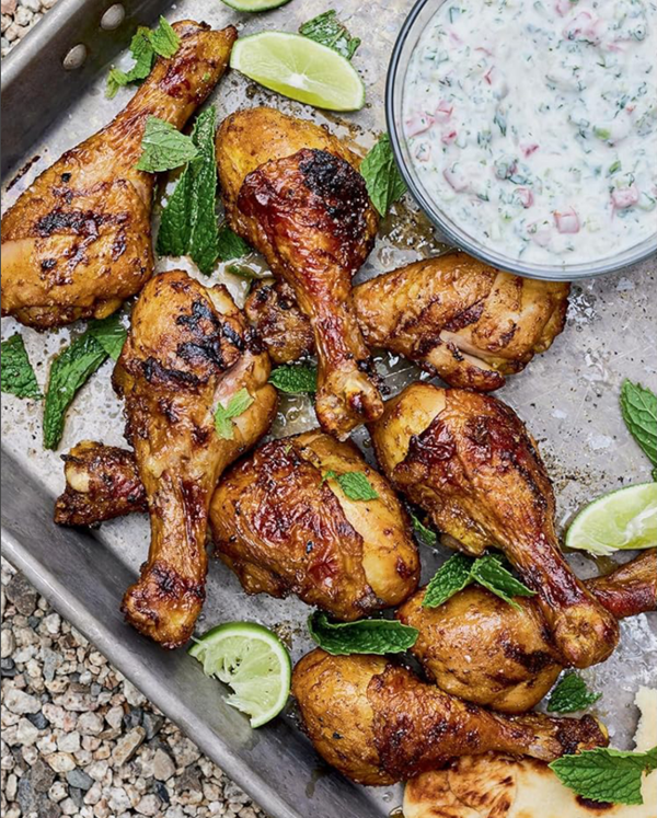 Grilled curry drumsticks with raita