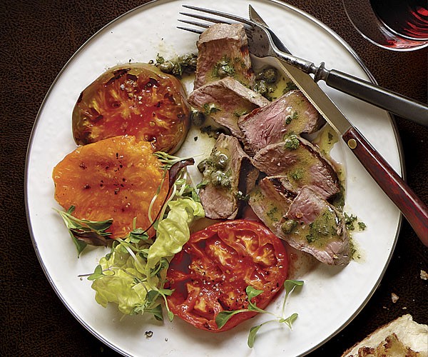 Grilled Denver steak and tomatoes with caper-mustard vinaigrette