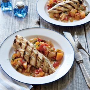 Grilled dogfish on late-summer caponata