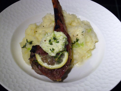 Grilled double-cut lamb chops, green garlic herb butter, green garlic mashed potatoes