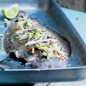 Grilled Dover sole with lime, coconut and avocado relish