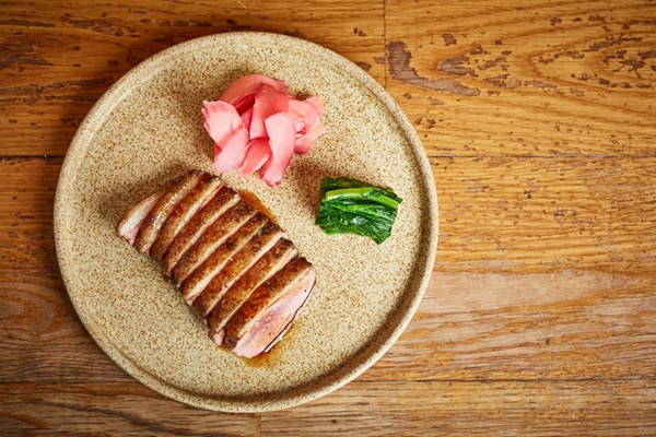 Grilled duck with burnt soy and rhubarb ginger pickle