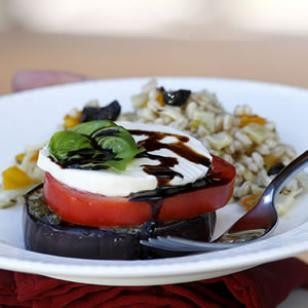 Grilled eggplant & tomato stacks