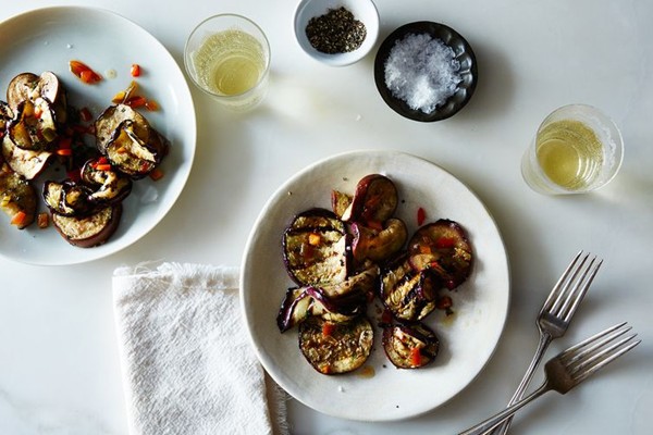 Grilled eggplant agrodolce with mint and Fresno pepper