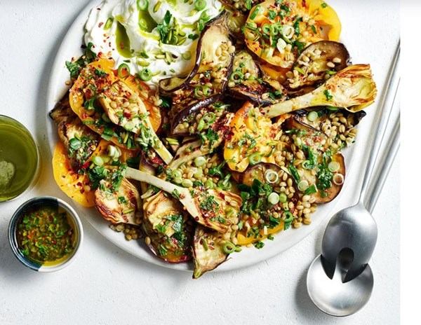 Grilled eggplant and freekeh salad with labne