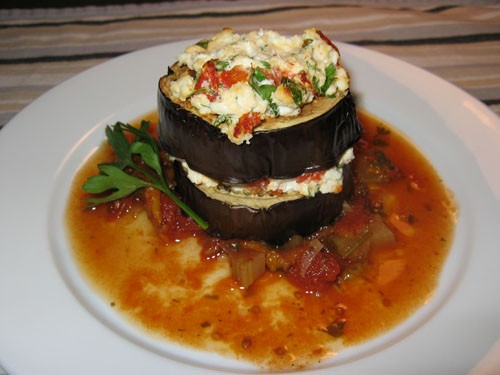 Grilled eggplant and goats cheese tower