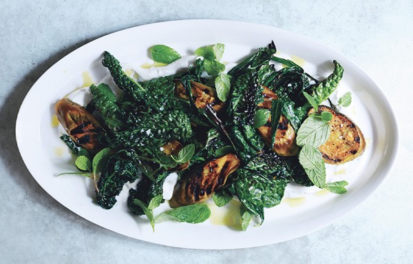 Grilled eggplant and greens with spiced yogurt