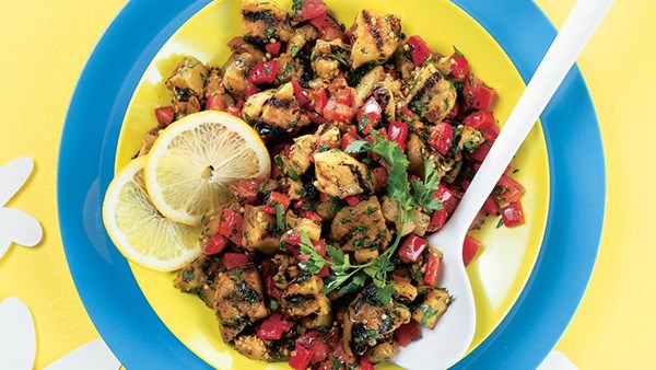 Grilled eggplant and peppers with fresh tomatoes