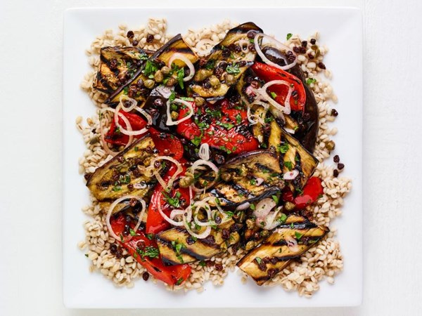 Grilled eggplant and peppers with barley