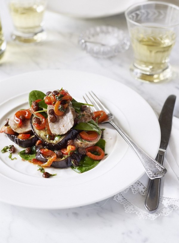 Grilled eggplant and pork fillet with red capsicum dressing
