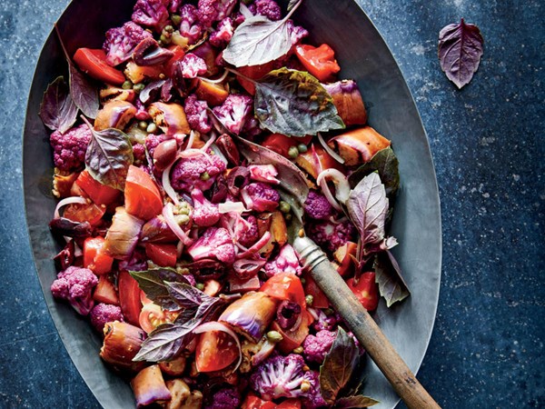 Grilled eggplant and purple cauliflower caponata