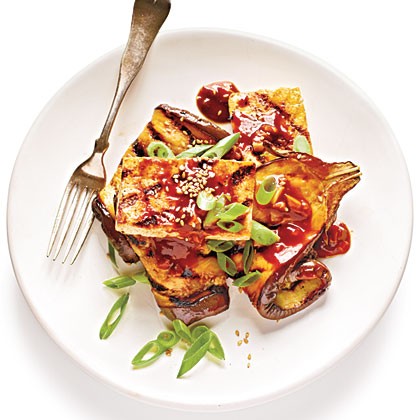 Grilled eggplant and tofu steaks with sticky hoisin glaze