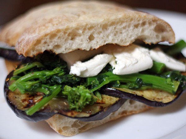 Grilled eggplant, broccoli rabe, and mozzarella sandwich