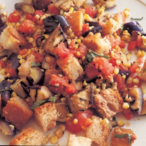 Grilled eggplant, corn & bread salad with tomato-basil vinaigrette