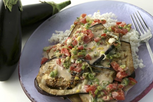 Grilled eggplant in lemon-coconut cream