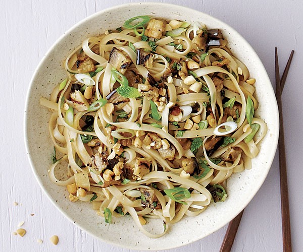 Grilled eggplant noodle bowl