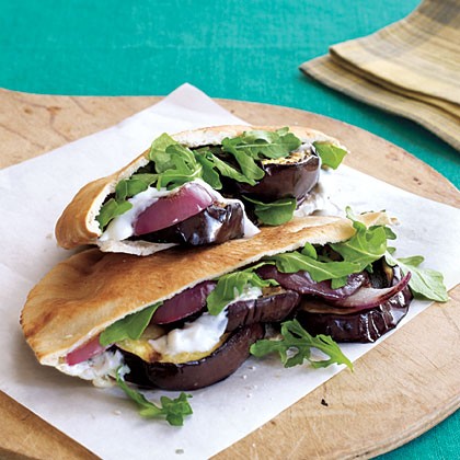 Grilled eggplant pita sandwiches with yogurt-garlic spread