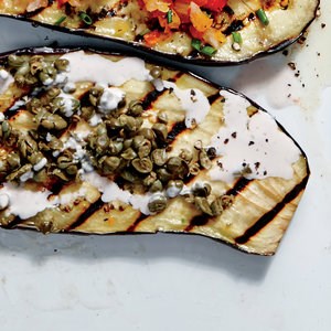 Grilled eggplant planks with creamy lemon-garlic dressing