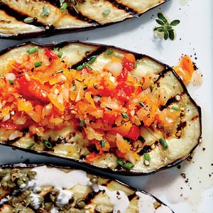 Grilled eggplant planks with Creole salsa