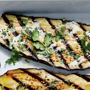 Grilled eggplant planks with miso aioli