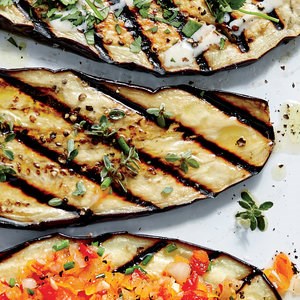 Grilled eggplant planks with sherry vinaigrette