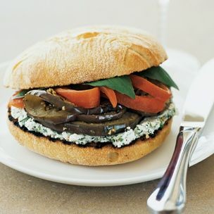 Grilled eggplant, red pepper, and herbed goat cheese sandwiches