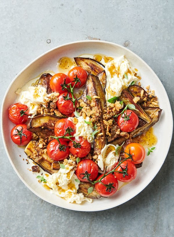 Grilled eggplant, roasted tomatoes and burrata salad