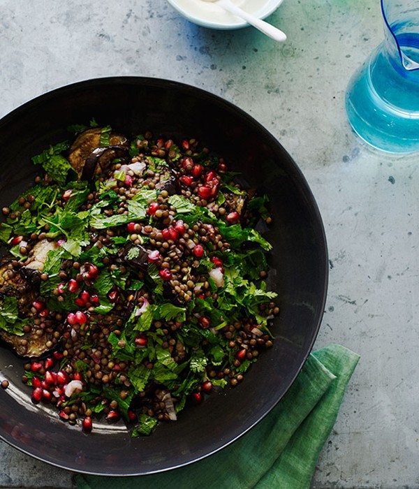 Grilled eggplant salad with lentils and sesame yoghurt