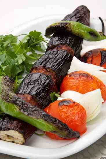 Grilled eggplant skewers with peanut nerimiso