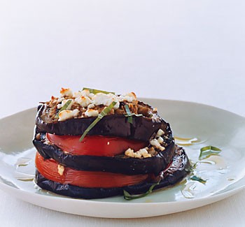 Grilled eggplant stacks with tomato and feta