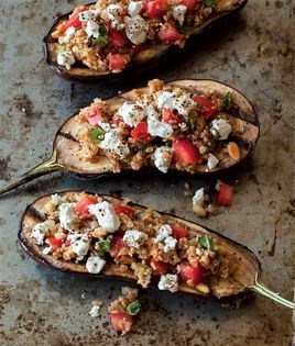 Grilled eggplant stuffed with bulgur, feta, and pine nuts
