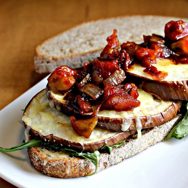 Grilled eggplant subs with Fontina and tomato jam