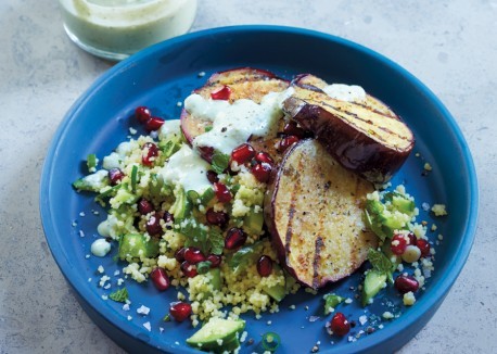 Grilled eggplant with couscous and Greek yogurt dressing