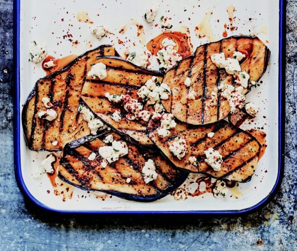 Grilled eggplant with feta and pomegranate molasses