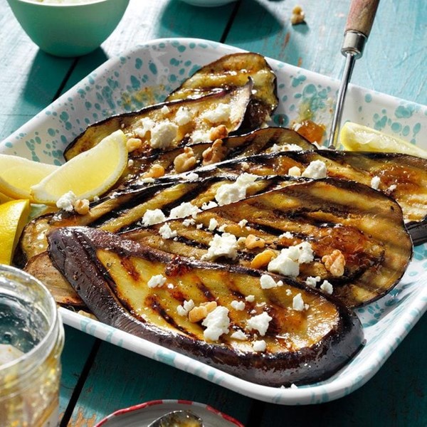 Grilled eggplant with fig, feta & walnuts