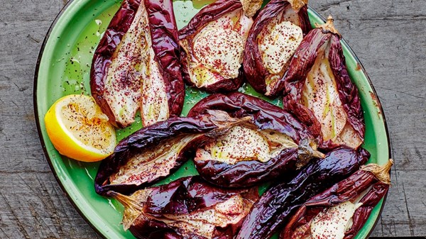 Grilled eggplant with garlicky tahini-yogurt sauce