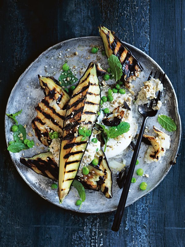 Grilled eggplant with haloumi and smoky baba ghanoush
