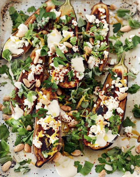 Grilled eggplant with herbs, almonds and tahini dressing