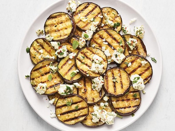 Grilled eggplant with marinated feta