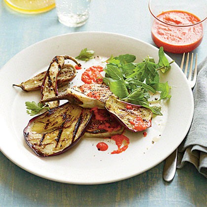 Grilled eggplant with roasted red pepper sauce